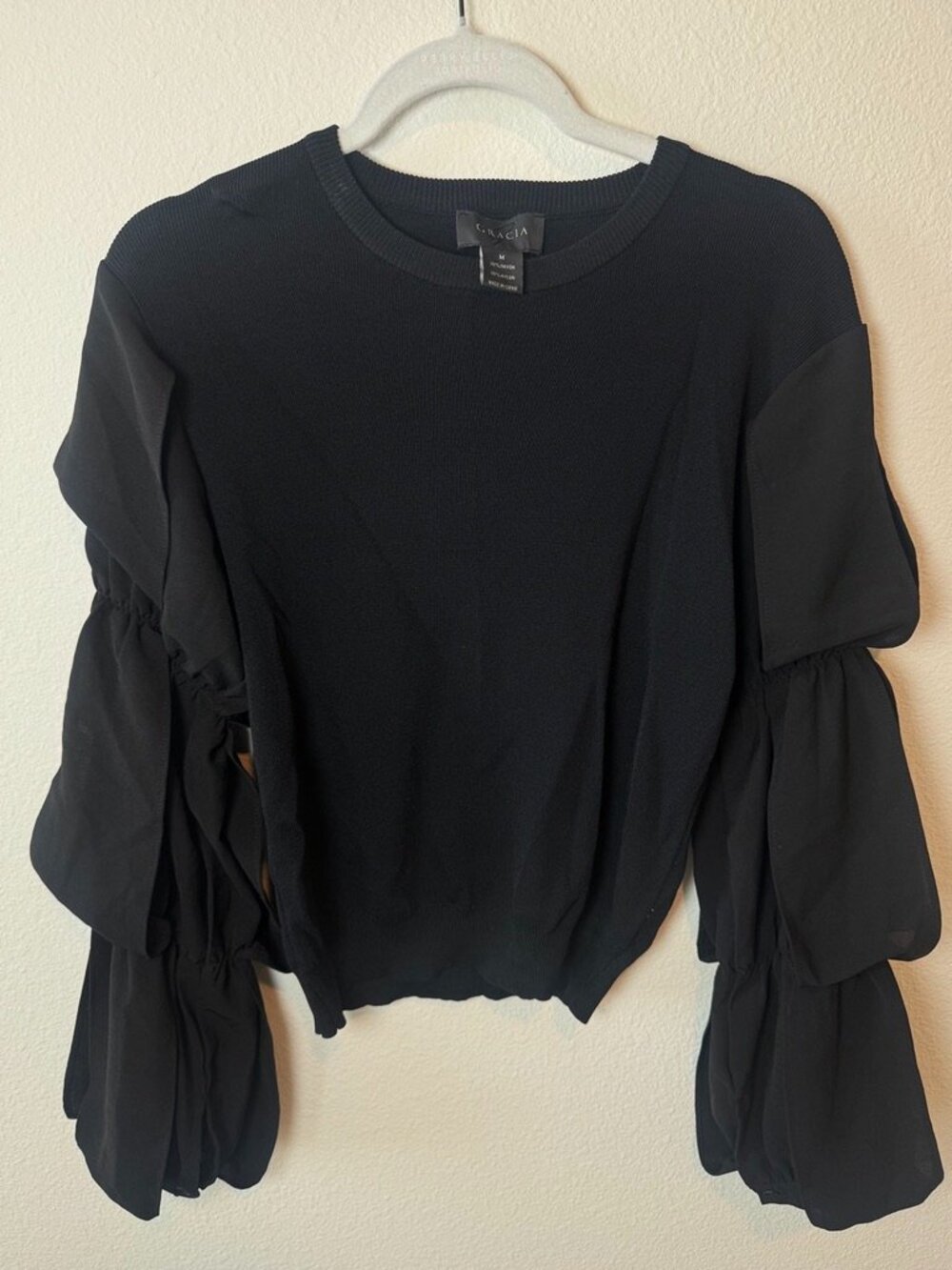 Gracia Black Tiered Statement Sleeve Mixed Media Sweater Top Size M